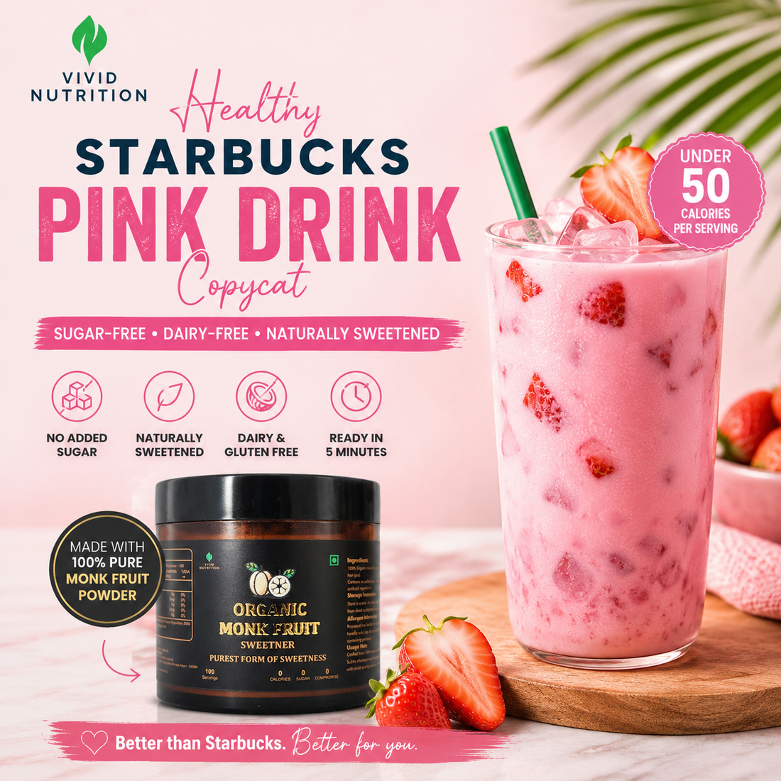 Healthy Starbucks Pink Drink Copycat (Sugar-Free & Naturally Sweetened)